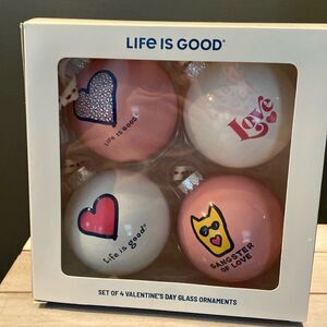Life is Good Valentine’s Day Glass Ornaments. New- set of 4